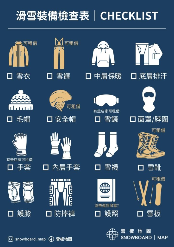 滑雪裝備清單檢查表